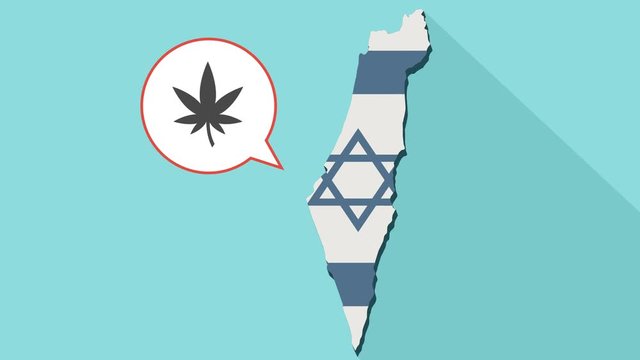 Animation of a long shadow Israel map with its flag and a comic balloon with a marijuana leaf