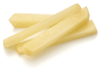 Raw Potato sliced strips prepared for French fries isolated on white background