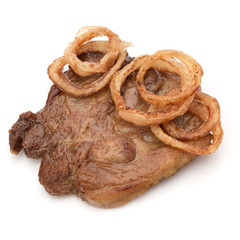 Cooked fried pork meat with onion slices garnish isolated on white background cutout