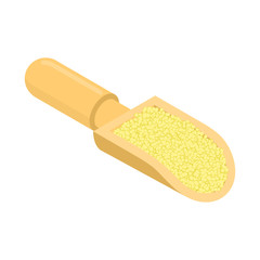 Cuscus in wooden scoop isolated. Groats in wood shovel. Grain on white background. Vector illustration