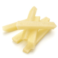 Raw Potato sliced strips prepared for French fries isolated on white background