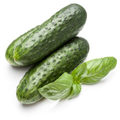 Cucumber vegetable and basil leaves isolated on white background cutout