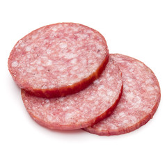 Salami smoked sausage three slices isolated on white background cutout