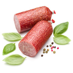 Salami smoked sausage, basil leaves and peppercorns isolated on white background cutout