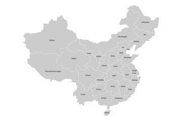 Regional map of administrative provinces of China. Grey map with black labels on white background. Vector illustration.