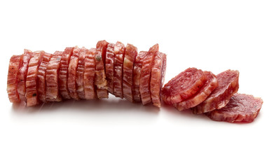 Salami smoked sausage slices isolated on white background cutout