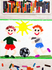 Obraz na płótnie Canvas Photo of colorful drawing :Two little boys play football. Soccer game