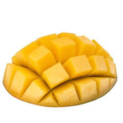 Sliced mango cubes isolated on white background