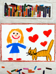 Photo of colorful drawing: Smiling little girl and her cute cat