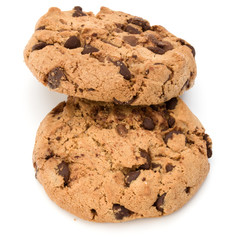 Two Chocolate chip cookies isolated on white background. Sweet biscuits. Homemade pastry.