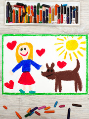 Obraz na płótnie Canvas Photo of colorful drawing: Smiling little girl and her cute dog