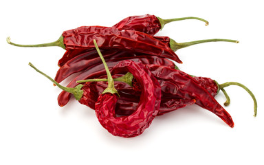 Dried red chili or chilli cayenne pepper isolated on white  background cutout