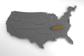 Fototapeta premium United States of America, 3d metallic map, with Tennessee state highlighted. 3d render
