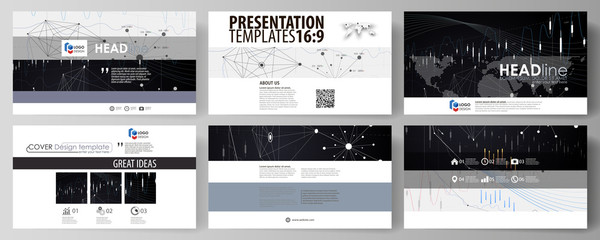Business templates in HD format for presentation slides. Vector layouts. Abstract infographic background in minimalist design made from lines, symbols, charts, diagrams and other elements.