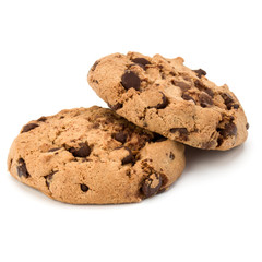 Two Chocolate chip cookies isolated on white background. Sweet biscuits. Homemade pastry.