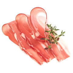 Italian prosciutto crudo or jamon. Raw ham. Isolated on white background