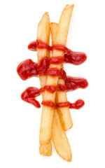 French Fried Potatoes with ketchup isolated on white background