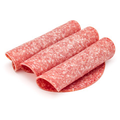 Salami smoked sausage slices isolated on white background
