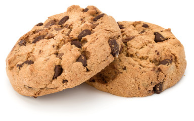Two Chocolate chip cookies isolated on white background. Sweet biscuits. Homemade pastry.