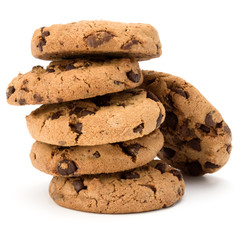 Stacked Chocolate chip cookies isolated on white background. Sweet biscuits. Homemade pastry.