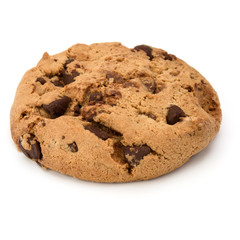 One Chocolate chip cookie isolated on white background. Sweet biscuit. Homemade pastry.