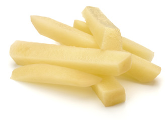 Raw Potato sliced strips prepared for French fries isolated on white background