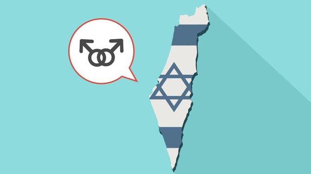 Animation of a long shadow Israel map with its flag and a comic balloon with an interlaced male and male sexual signs - gay sign