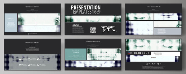 Fototapeta na wymiar Business templates in HD format for presentation slides. Abstract design vector layouts. Halftone dotted background, retro style grungy pattern, vintage texture. Halftone effect, black dots on white.