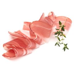 Italian prosciutto crudo or jamon. Raw ham. Isolated on white background