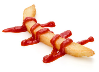 French Fried Potatoes with ketchup isolated on white background