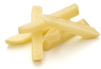 Raw Potato sliced strips prepared for French fries isolated on white background
