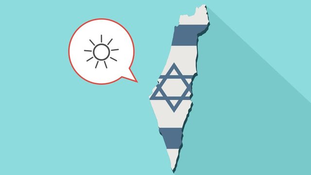 Animation of a long shadow Israel map with its flag and a comic balloon with a sun