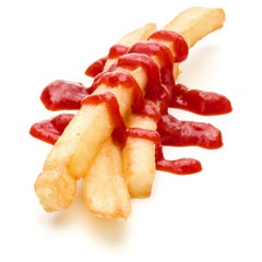 French Fried Potatoes with ketchup isolated on white background