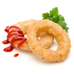 Crispy deep fried onion or Calamari ring with ketchup isolated on white background