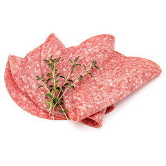 Salami smoked sausage slices isolated on white background