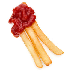 French Fried Potatoes with ketchup isolated on white background