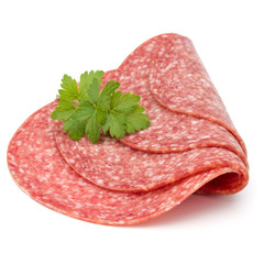 Salami smoked sausage slices isolated on white background