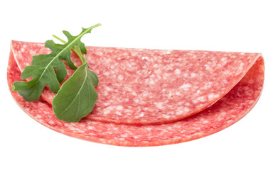 Salami smoked sausage slices isolated on white background