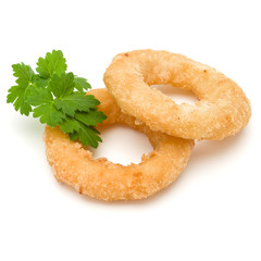 Crispy deep fried onion or Calamari ring isolated on white background