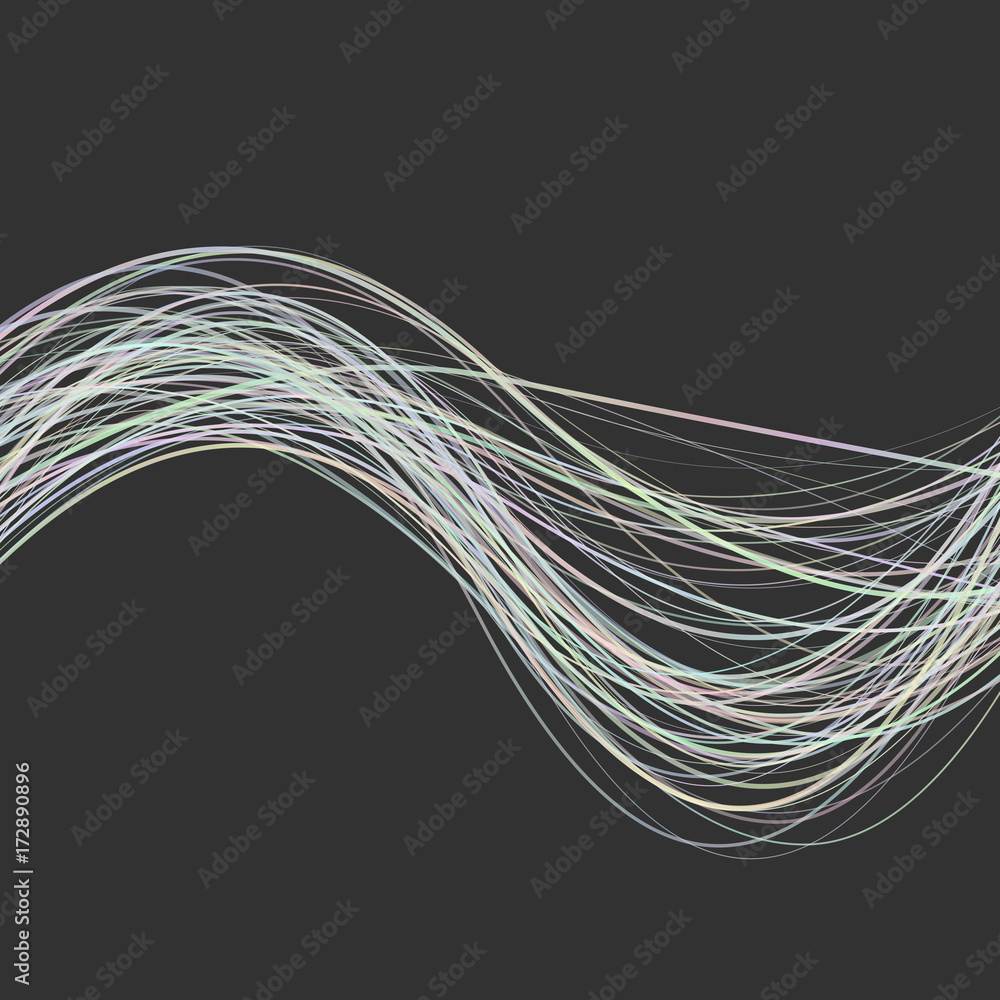 Poster abstract dynamic wave line background - design from light colored curved wave stripes on black backg