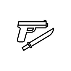 thin line gun and knife icon on white background