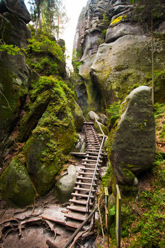 Steps in Unique rocks mountain Adrspasske skaly in national park Adrspach, Czech republic