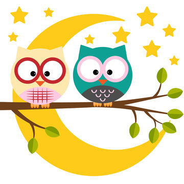 Three owls on a branch on a night moon sky background