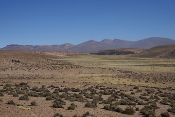 Wide valley leading to the River Lauca high on the Altiplano of northern Chile in Lauca National Park.