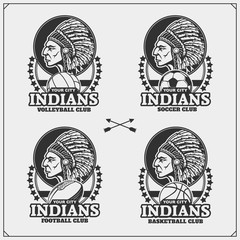 Volleyball, baseball, soccer and football logos and labels. Sport club emblems with indian chief.