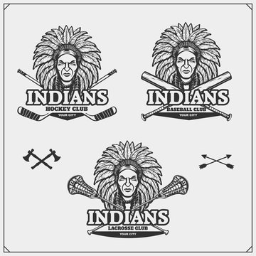 Lacrosse, baseball and hockey logos and labels. Sport club emblems with indian chief.