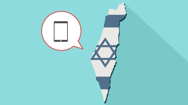 Animation of a long shadow Israel map with its flag and a comic balloon with tablet computer
