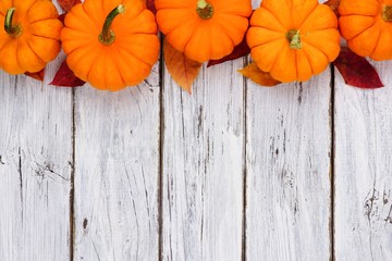 Autumn leaves and pumpkin top border over a rustic white wood background