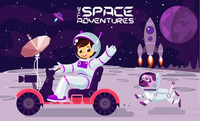 Children play and have fun in space on the moon , banner or poster cool vector design illustration