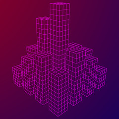 Mesh low poly wireframe cubes array like skyscraper city. Connected lines. Connection Box Structure. Digital Data Visualization Concept. Vector Illustration.